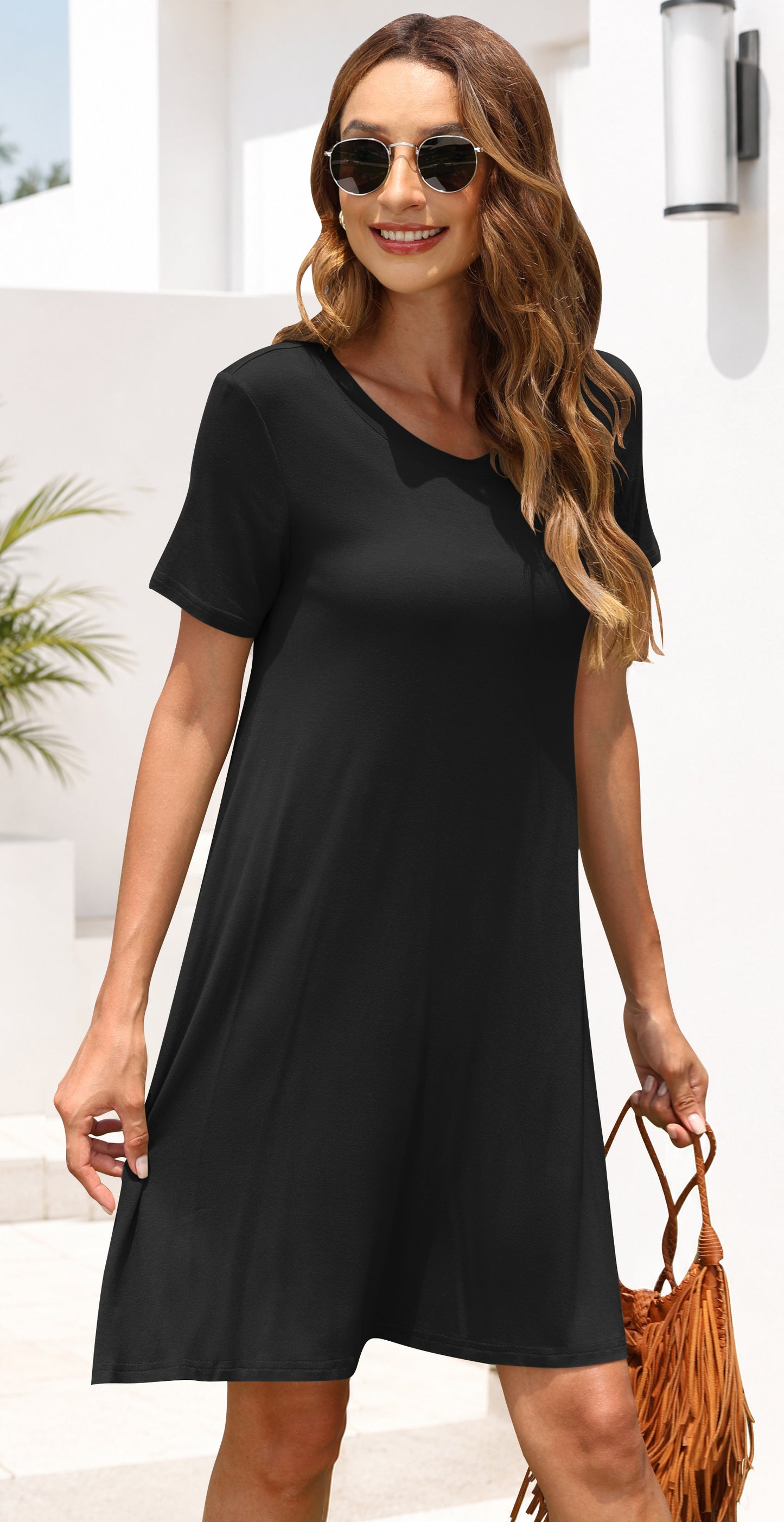 AUSELILY Women's Casual Plain Simple T-Shirt Dress