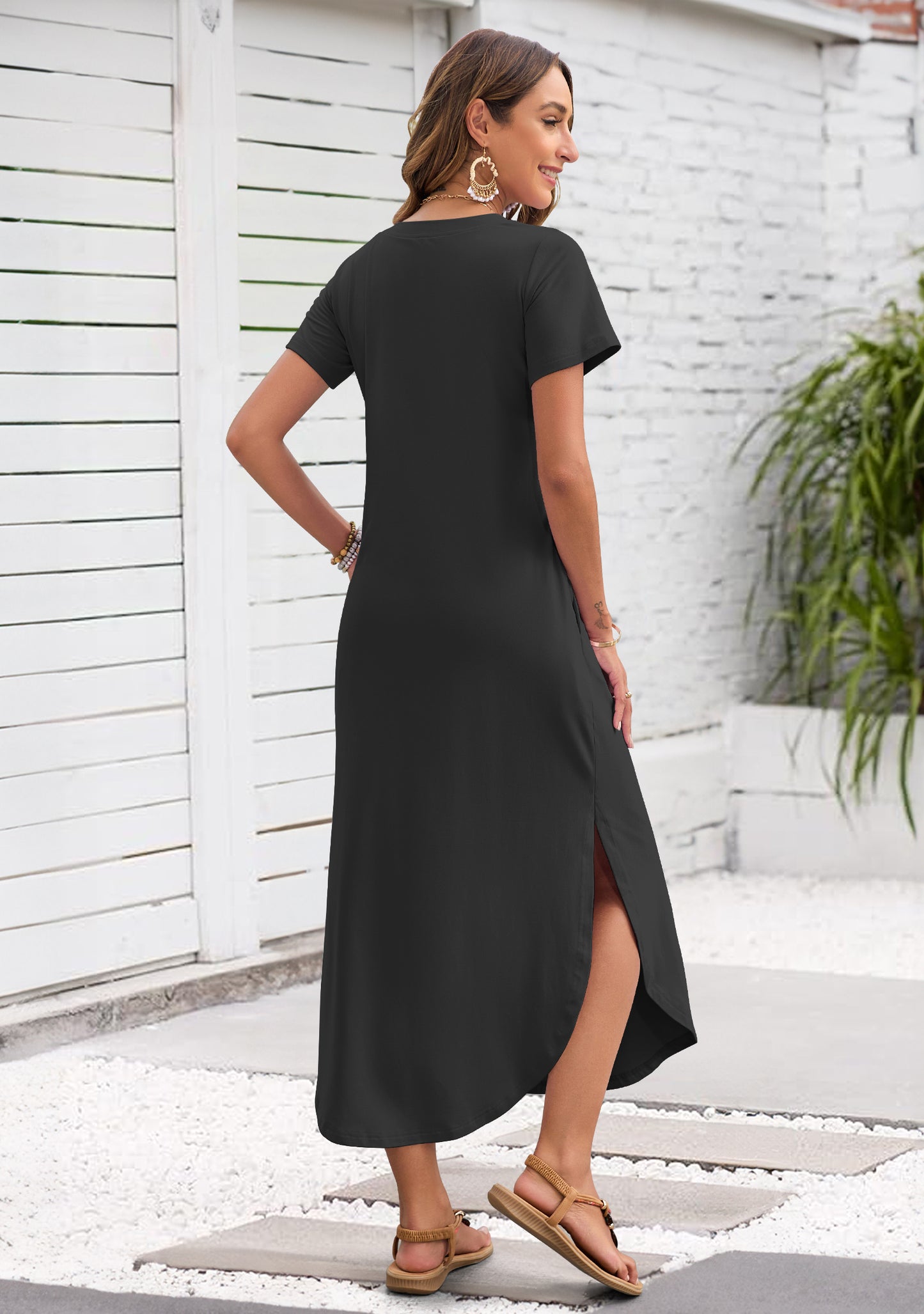 AUSELILY Women's Maxi Dress V Neck Split Long Beach T Shirt Dress