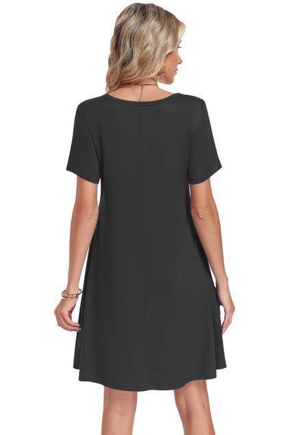AUSELILY Tshirt Dress Women Swing Floral Short Sleeve V Neck Vacation Beach Mini Dress with Pockets