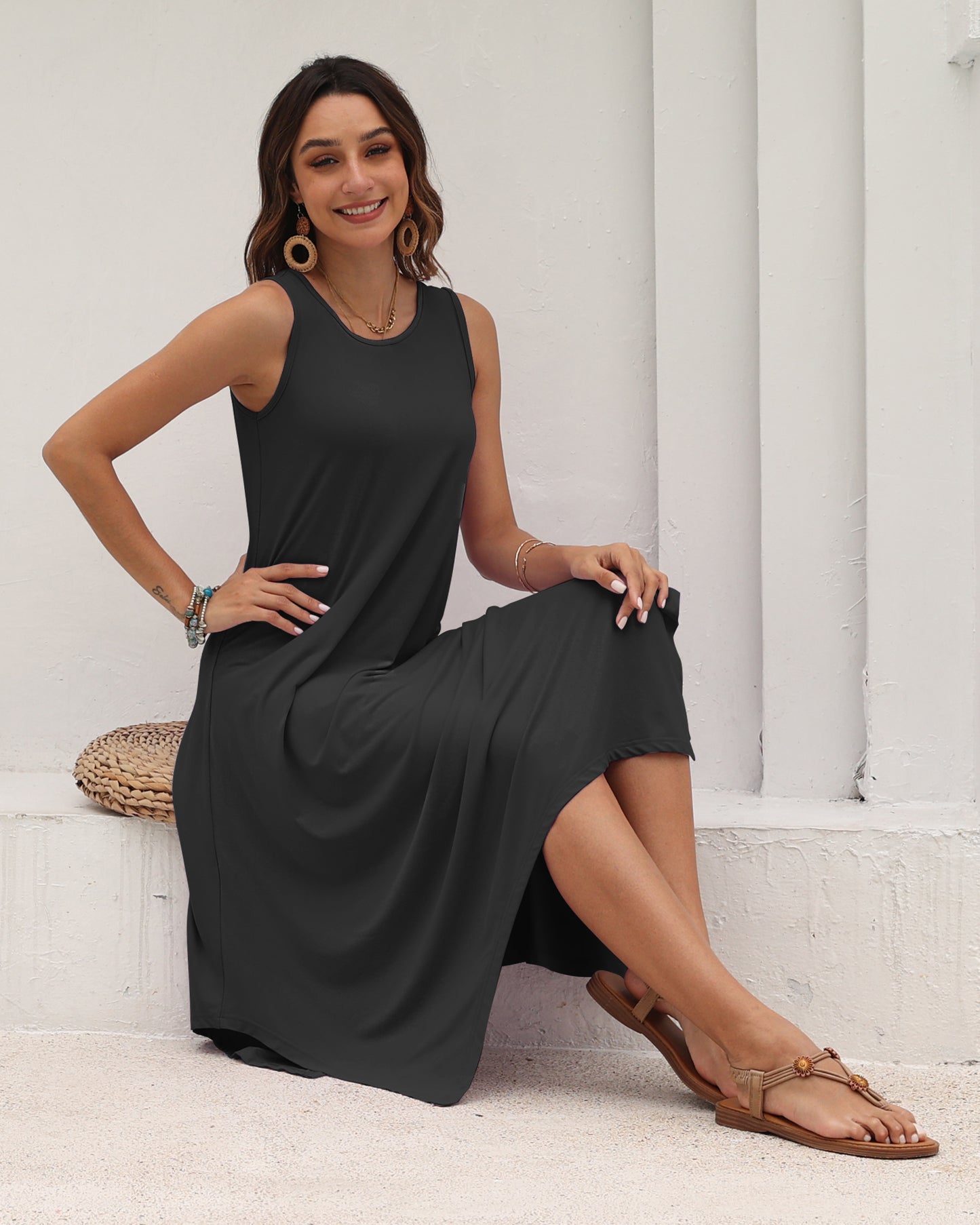 AUSELILY Women's Casual Sleeveless Sundress Asymmetrical Hem Midi Tank Beach Dress