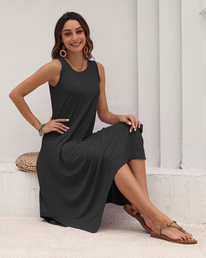AUSELILY Women's Casual Sleeveless Sundress Asymmetrical Hem Midi Tank Beach Dress