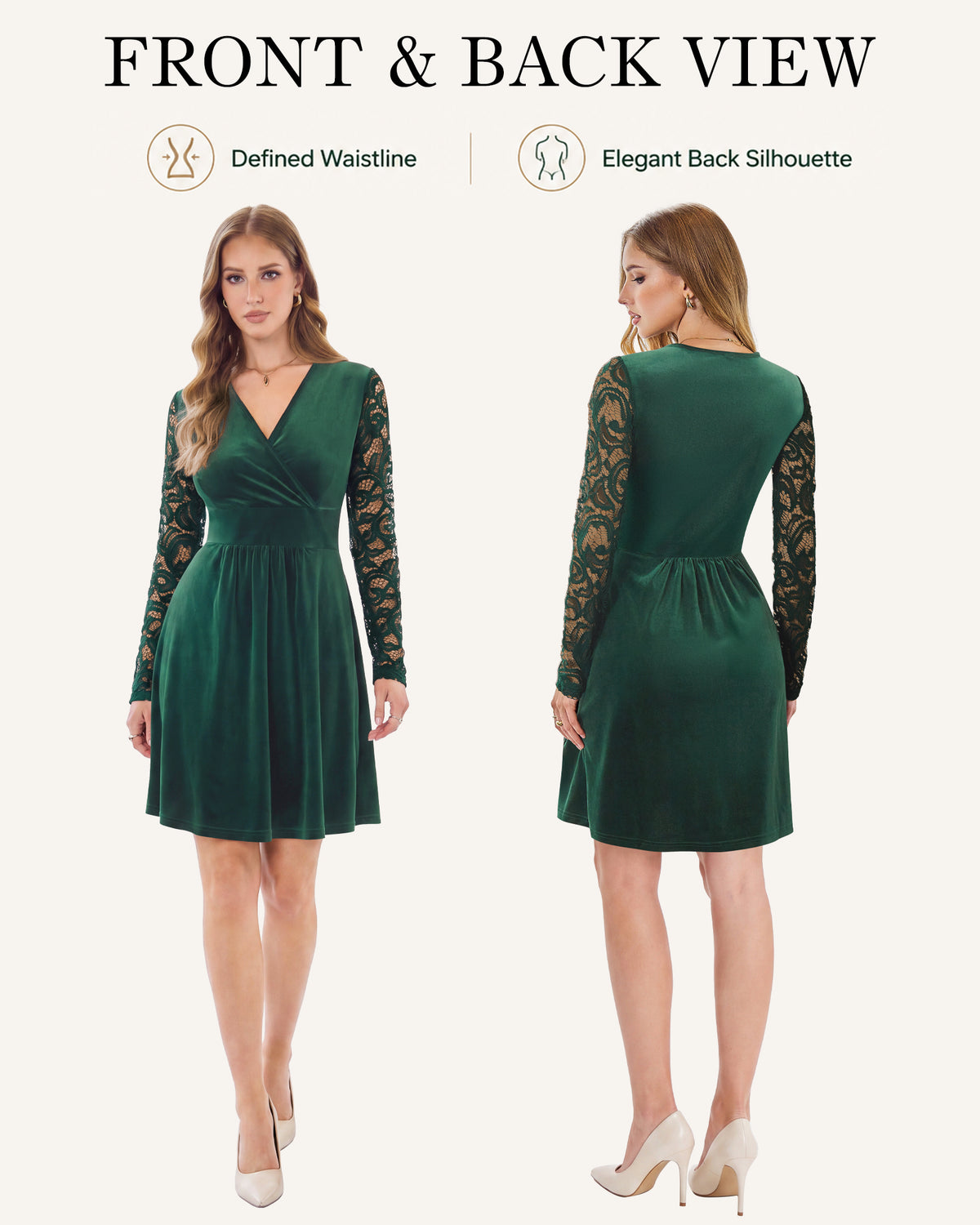 Back view of an AUSELILY dark green velvet dress with long lace sleeves