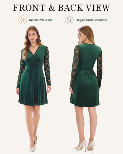 Back view of an AUSELILY dark green velvet dress with long lace sleeves