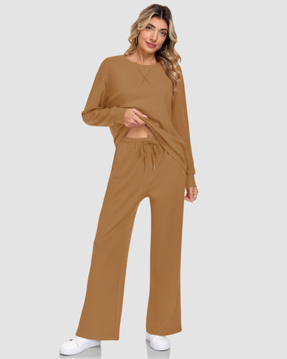 AUSELILY coffee two-piece lounge set with a crewneck long-sleeve top, X-shaped stitching, and wide-leg pants