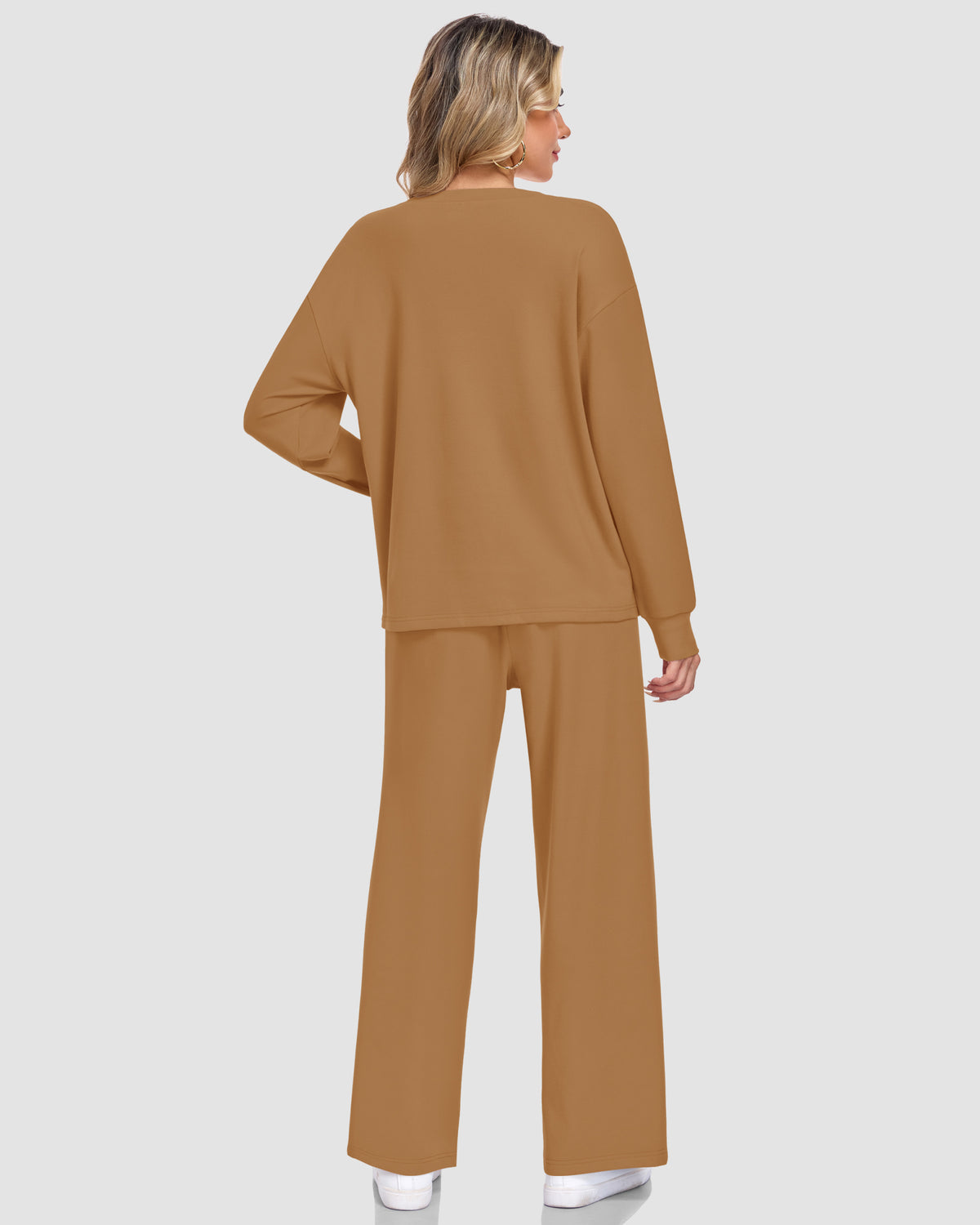 Back view of an AUSELILY coffee lounge set with a long-sleeve top and wide-leg pants