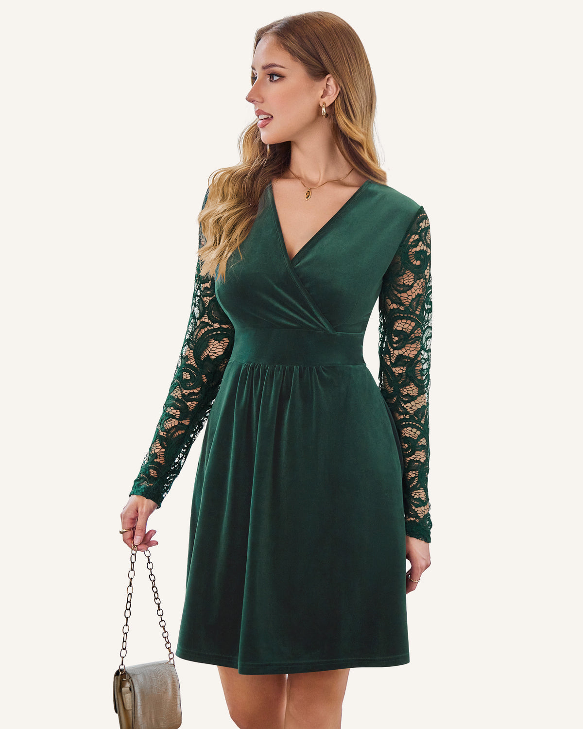 AUSELILY dark green velvet faux wrap dress with a V-neck, long floral lace sleeves, and an A-line skirt