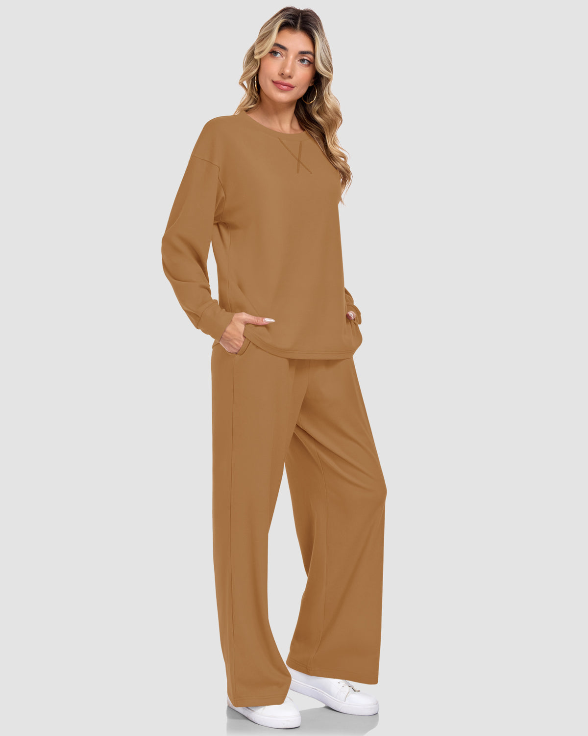 AUSELILY coffee two-piece lounge set with a crewneck long-sleeve top, X-shaped stitching, and wide-leg pants