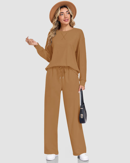 AUSELILY coffee two-piece lounge set with a crewneck long-sleeve top, X-shaped stitching, and wide-leg pants