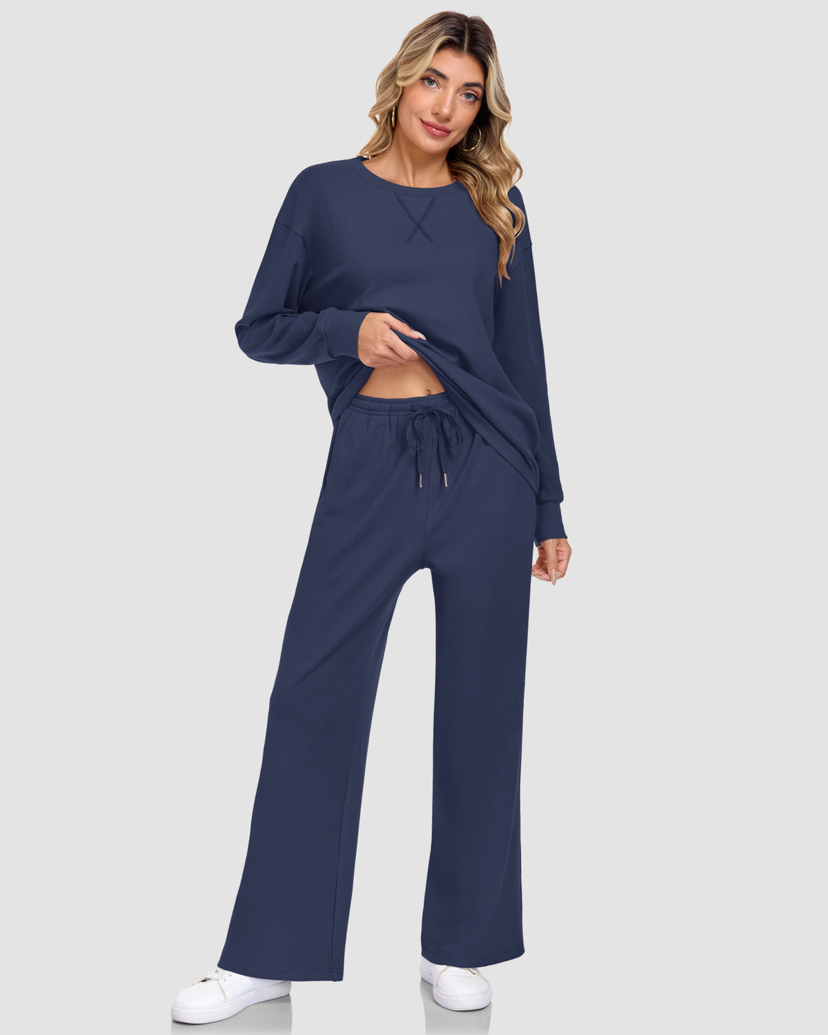 AUSELILY navy blue two-piece lounge set with a crewneck long-sleeve top, X-shaped stitching, and wide-leg pants
