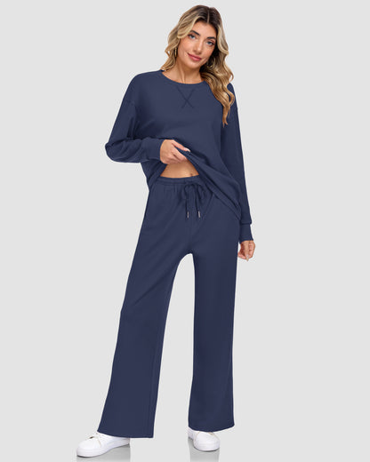 AUSELILY navy blue two-piece lounge set with a crewneck long-sleeve top, X-shaped stitching, and wide-leg pants