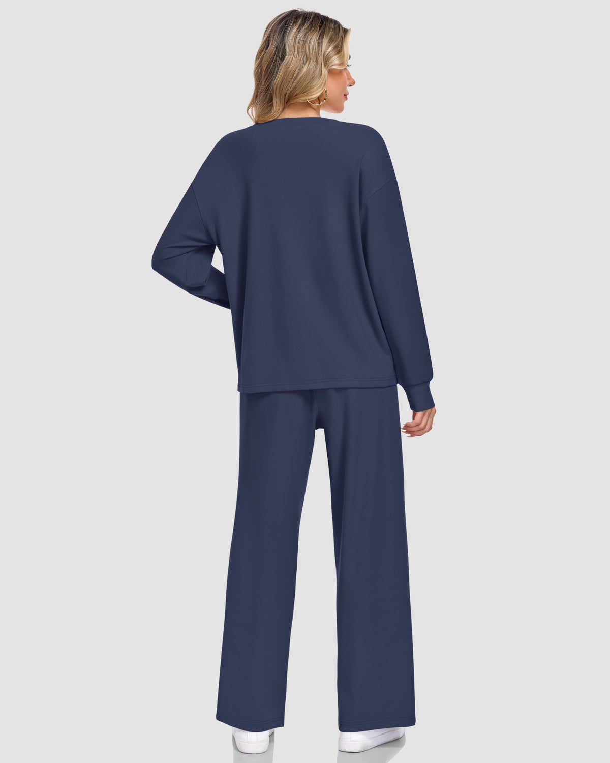 Back view of an AUSELILY navy blue lounge set with a long-sleeve top and wide-leg pants