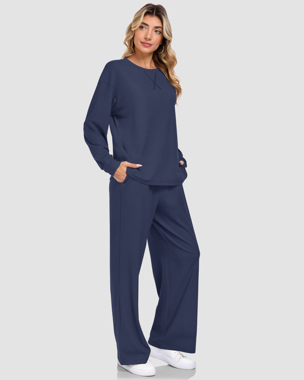 AUSELILY navy blue two-piece lounge set with a crewneck long-sleeve top, X-shaped stitching, and wide-leg pants