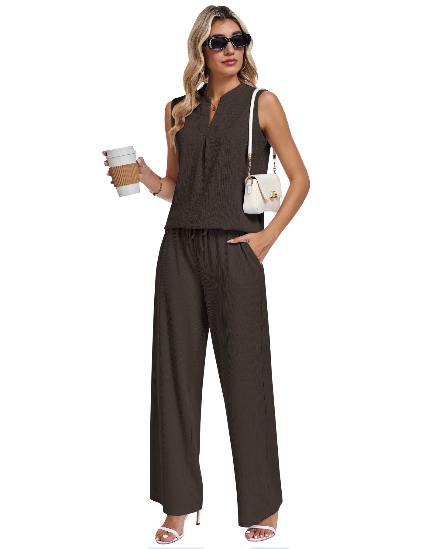 AUSELILY Waffle Knit  V Neck Sleeveless Drawstring Matching Sets