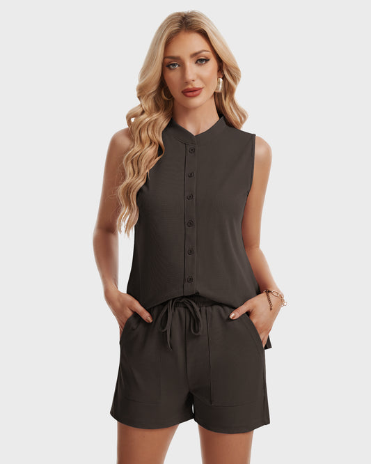 AUSELILY button tank casual two piece summer set