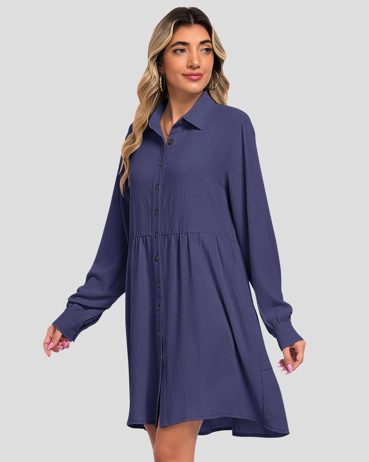  AUSELILY dark purple gray babydoll mini dress with a V-neck, button front, gathered skirt, and long sleeves