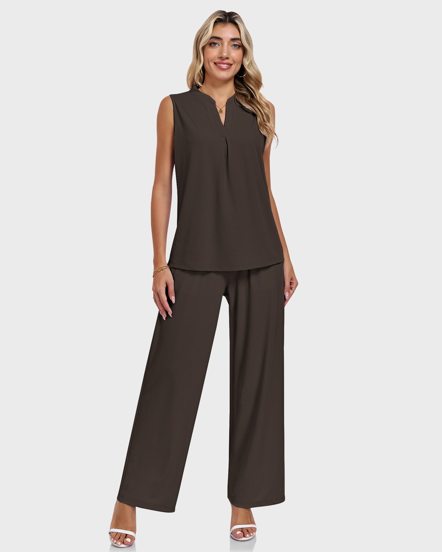 AUSELILY Waffle Knit  V Neck Sleeveless Drawstring Matching Sets