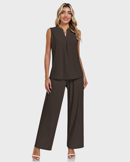 AUSELILY Waffle Knit  V Neck Sleeveless Drawstring Matching Sets