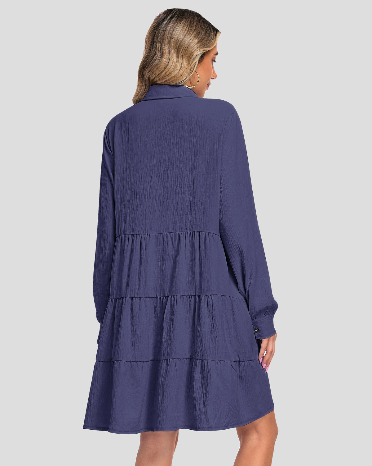 Back view of an AUSELILY dark purple gray long-sleeve babydoll mini dress