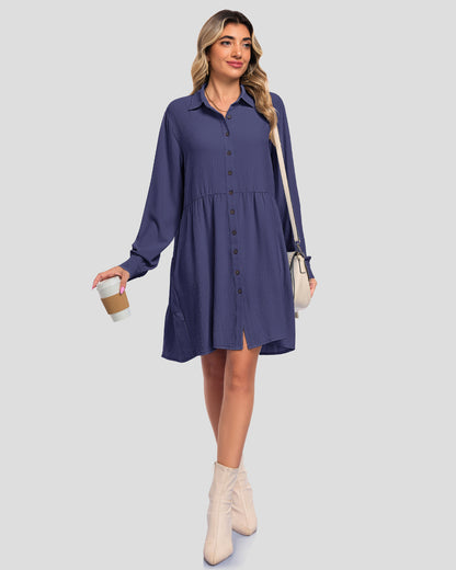  AUSELILY dark purple gray babydoll mini dress with a V-neck, button front, gathered skirt, and long sleeves