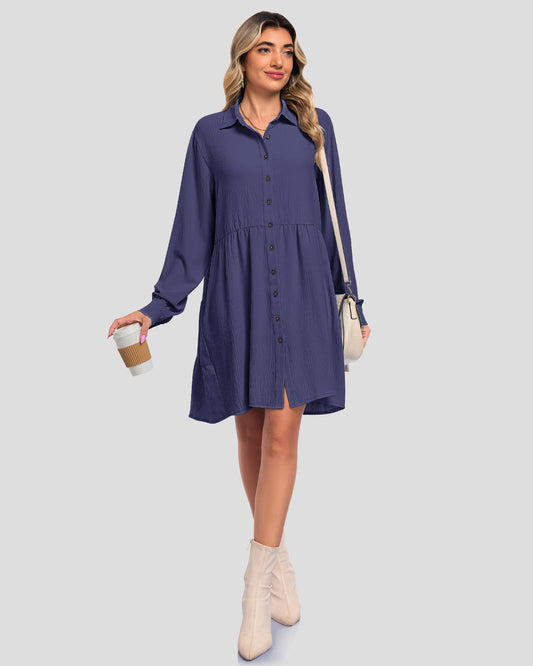  AUSELILY dark purple gray babydoll mini dress with a V-neck, button front, gathered skirt, and long sleeves
