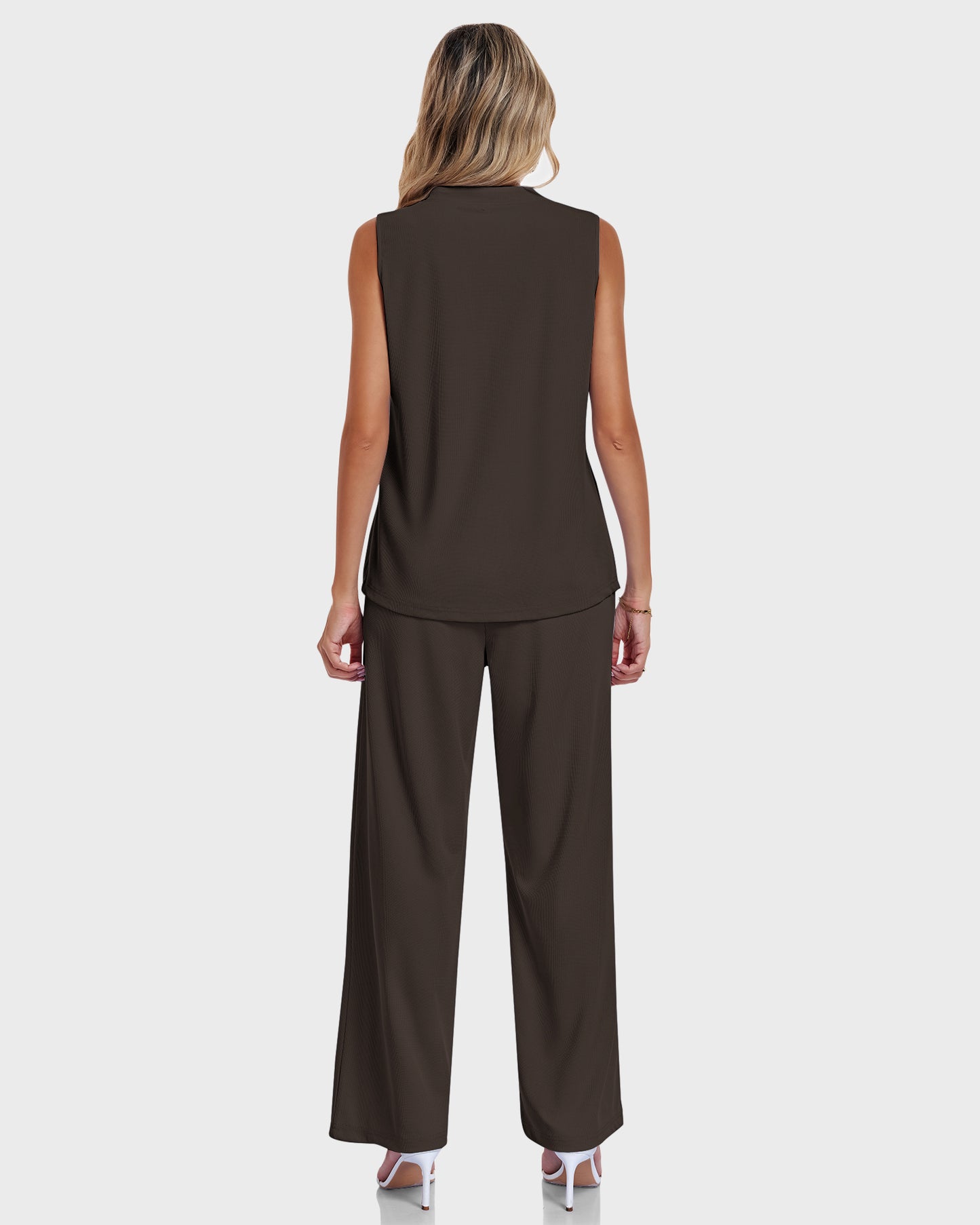 AUSELILY Waffle Knit  V Neck Sleeveless Drawstring Matching Sets