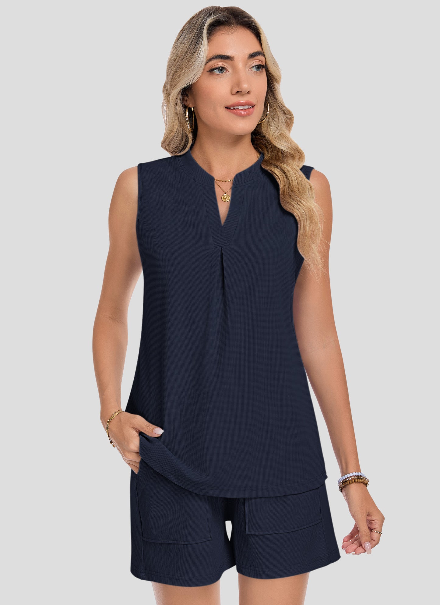 AUSELILY Two Piece Sets Waffle V Neck Sleeveless Sets 