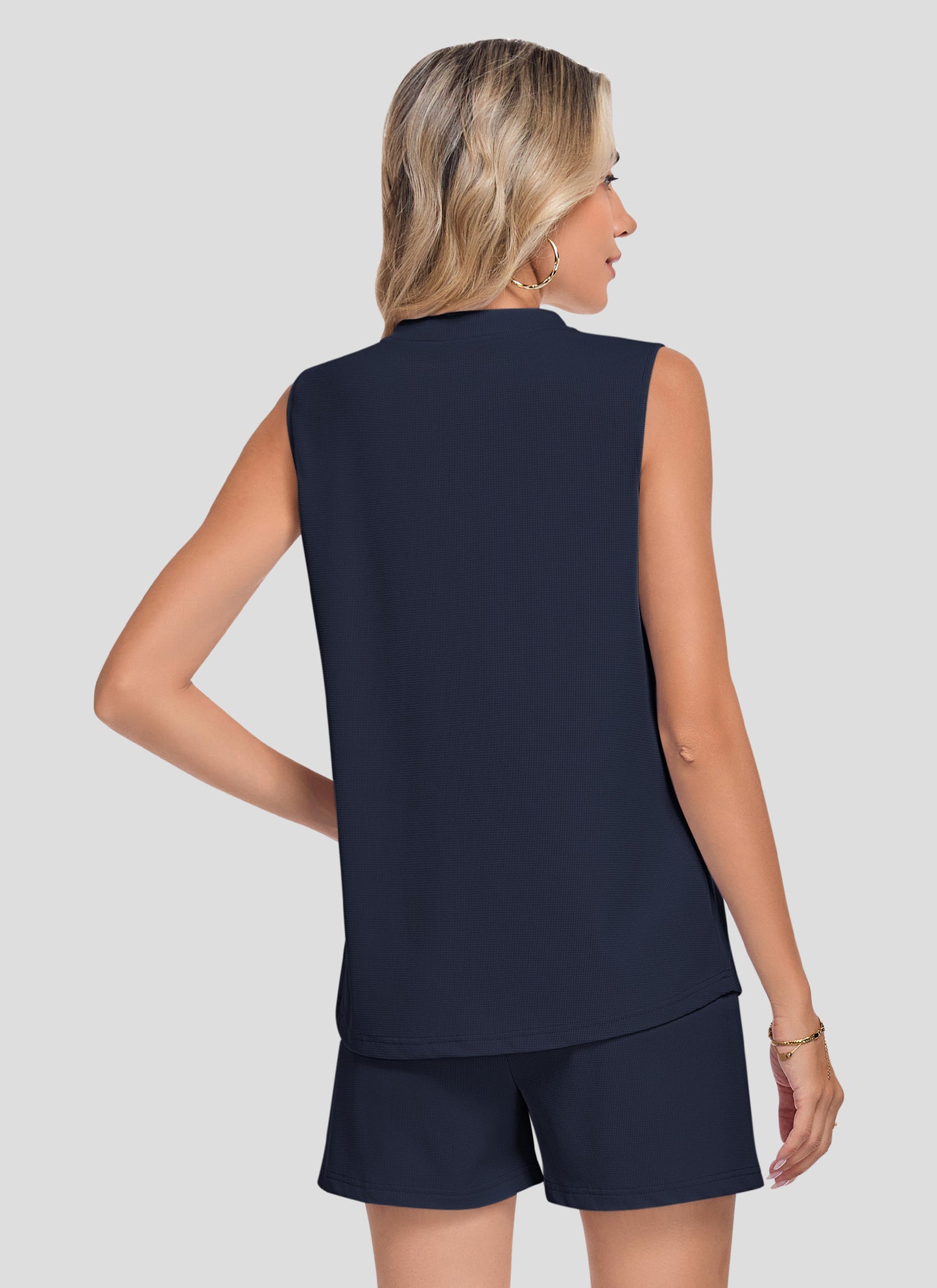 AUSELILY Two Piece Sets Waffle V Neck Sleeveless Sets 