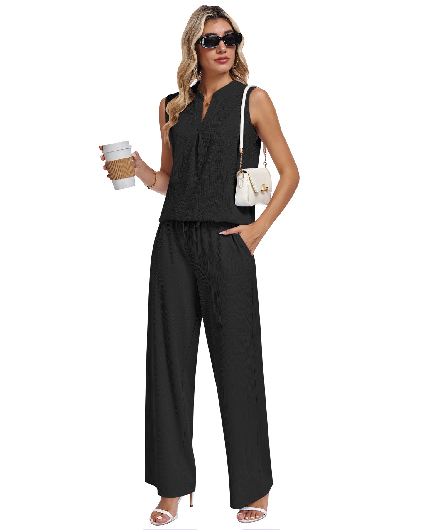 AUSELILY Waffle Knit  V Neck Sleeveless Drawstring Matching Sets