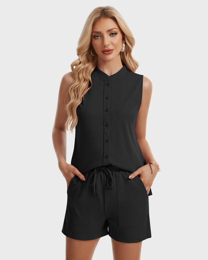AUSELILY  Women's Two Piece button tank Casual Set