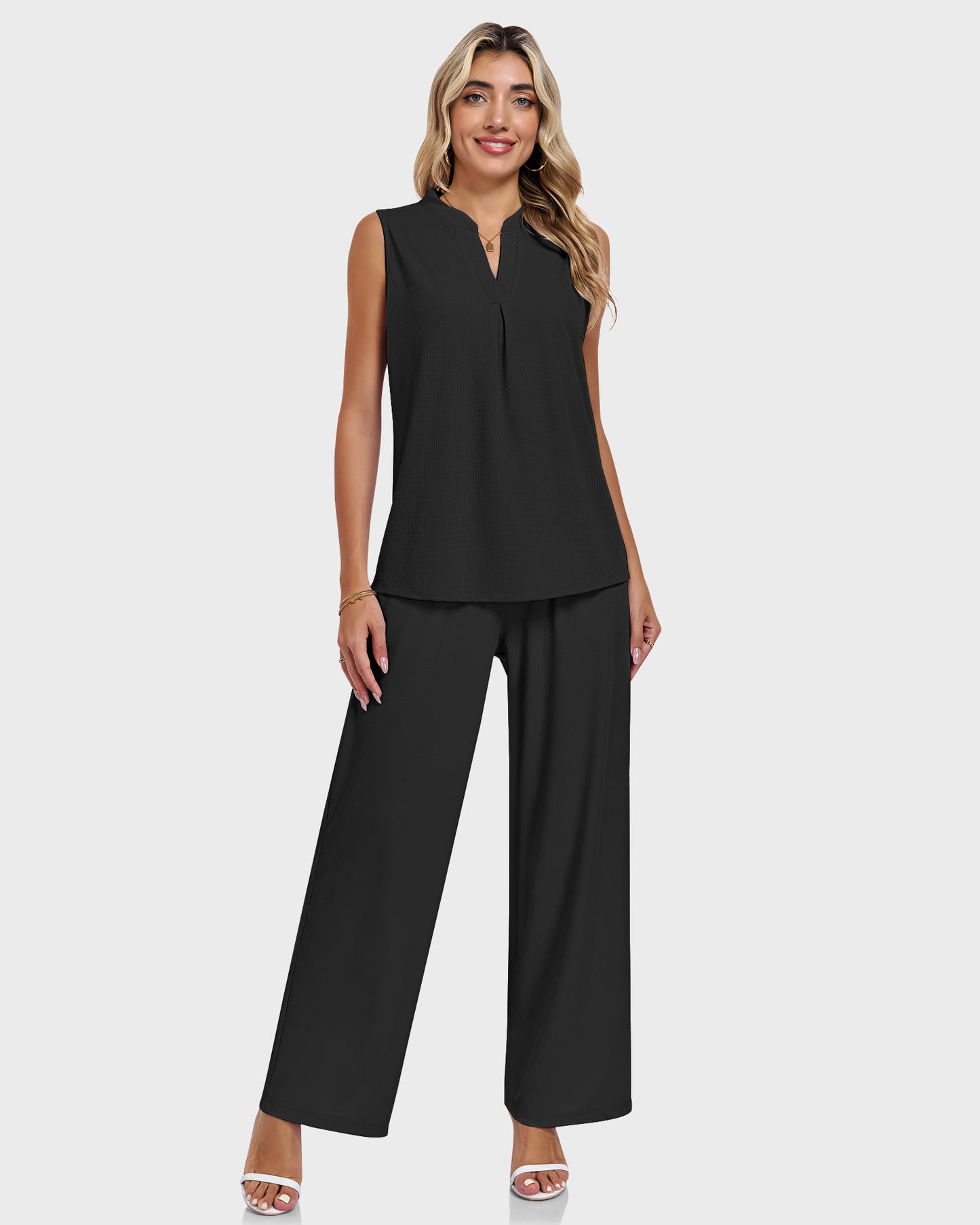 AUSELILY Waffle Knit  V Neck Sleeveless Drawstring Matching Sets