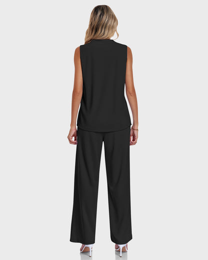 AUSELILY Waffle Knit  V Neck Sleeveless Drawstring Matching Sets