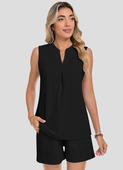 AUSELILY Two Piece Sets Waffle V Neck Sleeveless Sets 