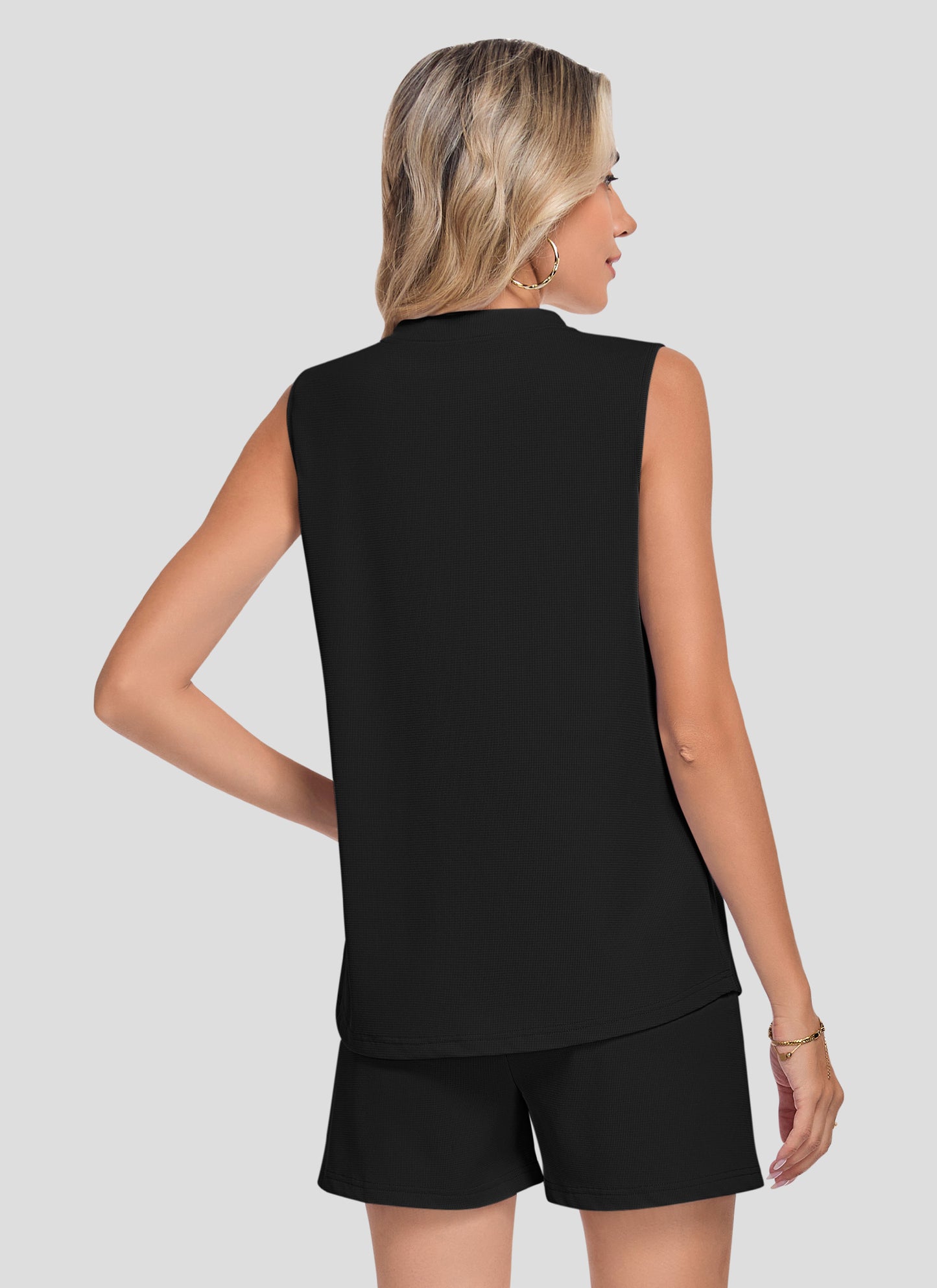 AUSELILY Two Piece Sets Waffle V Neck Sleeveless Sets 