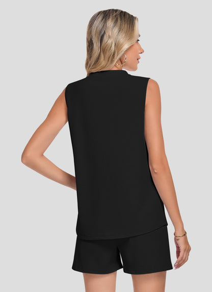 AUSELILY Two Piece Sets Waffle V Neck Sleeveless Sets 