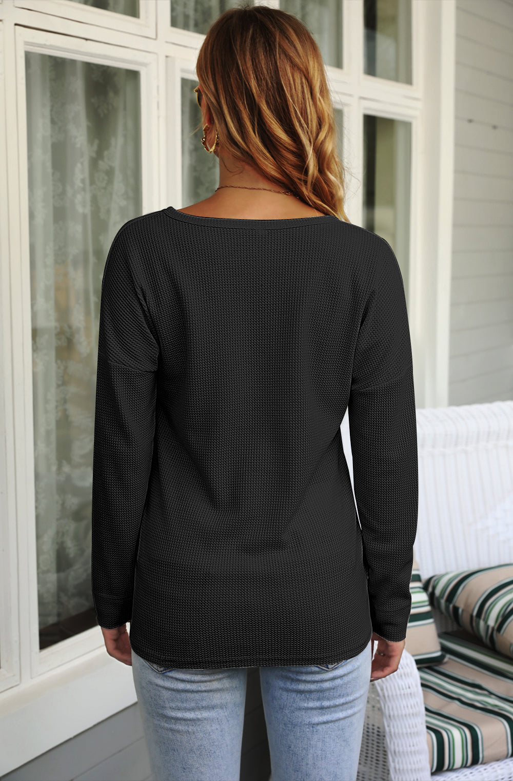 AUSELILY Women's Waffle Knit Henley Tunic Top - Long Sleeve V Neck Button Pullover