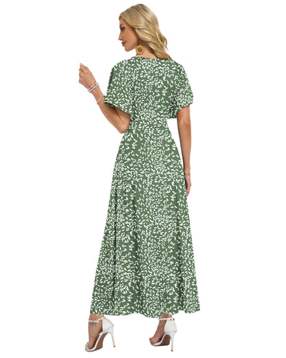 AUSELILY Long Flowy Wrap Dress Ruffle Sleeve Deep V Neck Formal Dress with Pockets