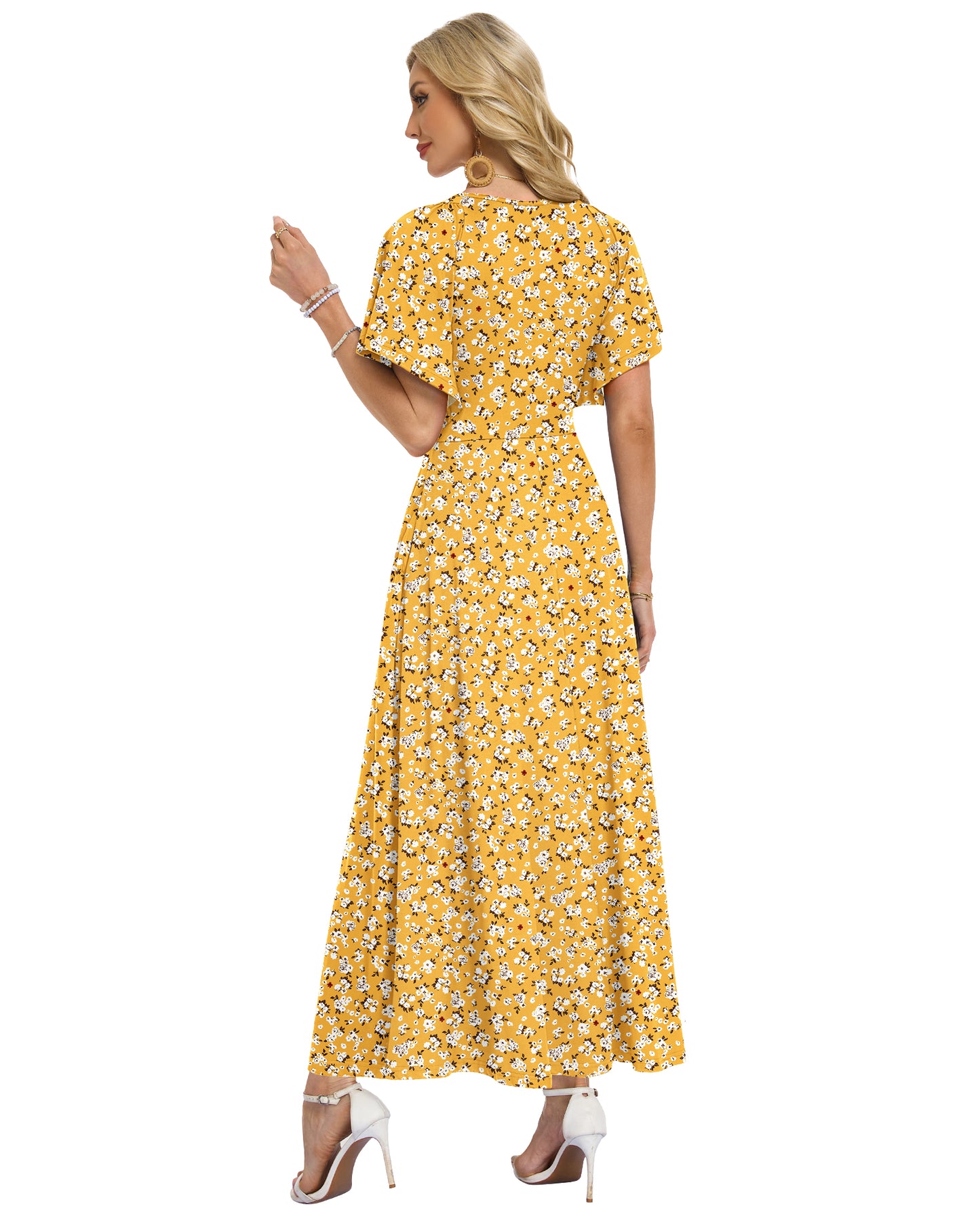 AUSELILY Long Flowy Wrap Dress Ruffle Sleeve Deep V Neck Formal Dress with Pockets