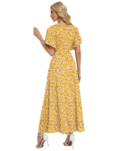 AUSELILY Long Flowy Wrap Dress Ruffle Sleeve Deep V Neck Formal Dress with Pockets