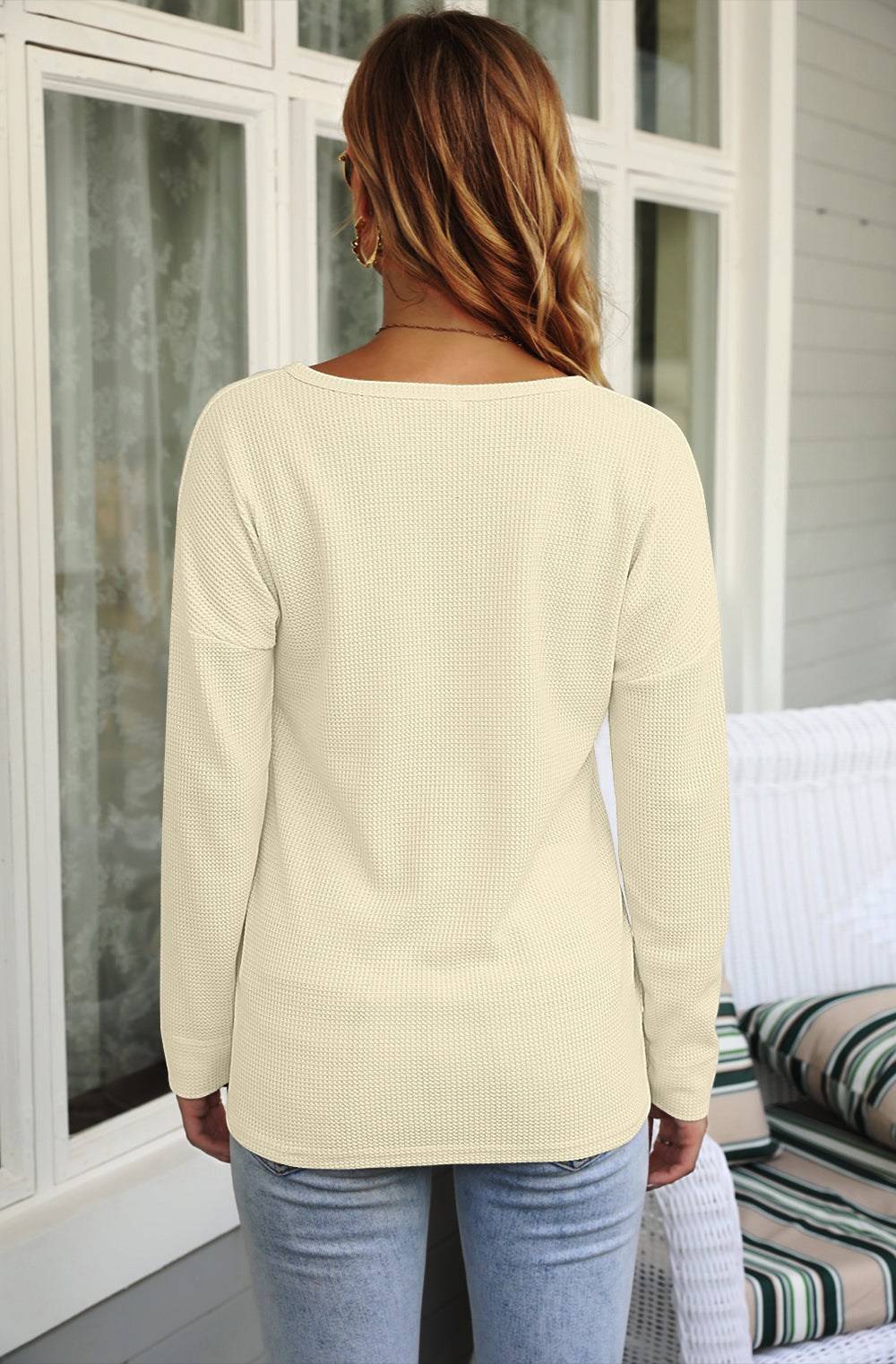 AUSELILY Women's Waffle Knit Henley Tunic Top - Long Sleeve V Neck Button Pullover