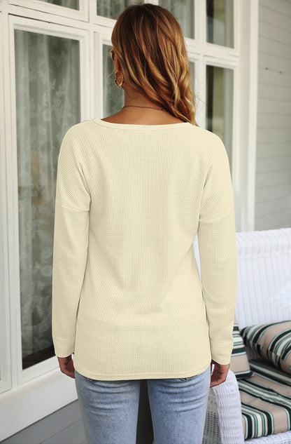 AUSELILY Women's Waffle Knit Henley Tunic Top - Long Sleeve V Neck Button Pullover