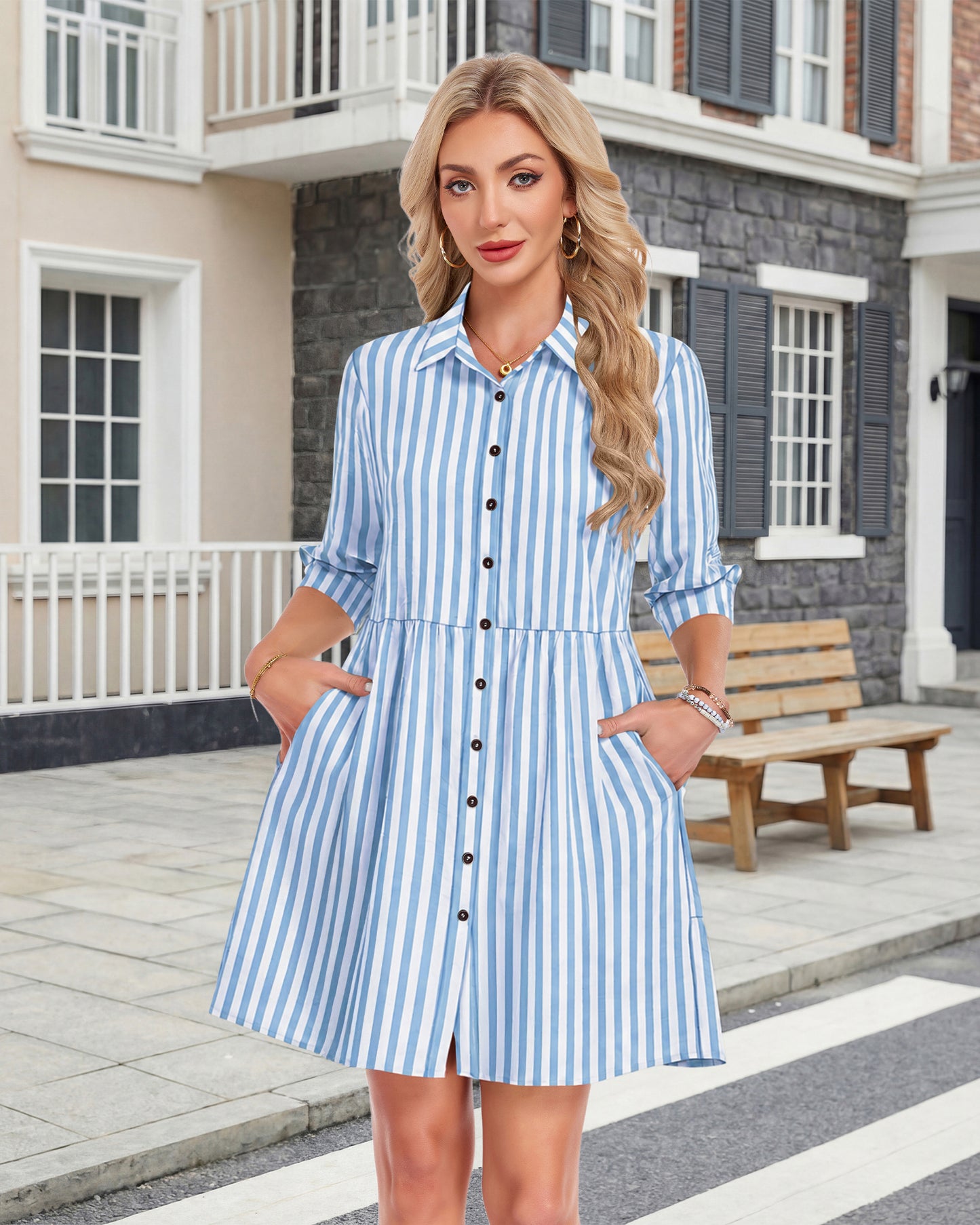 AUSELILY 3/4 Sleeve Summer Babydoll Button Down Dresses with Pockets