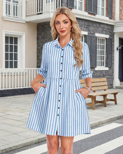 AUSELILY 3/4 Sleeve Summer Babydoll Button Down Dresses with Pockets