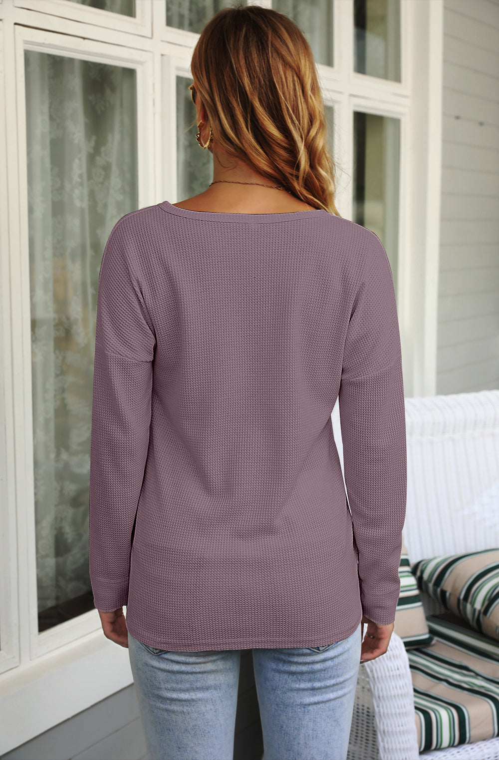 AUSELILY Women's Waffle Knit Henley Tunic Top - Long Sleeve V Neck Button Pullover
