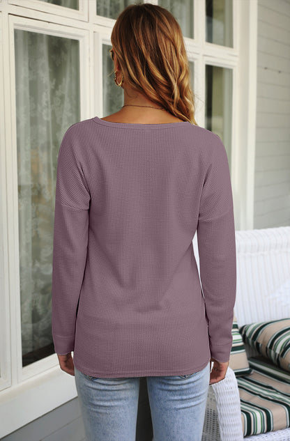 AUSELILY Women's Waffle Knit Henley Tunic Top - Long Sleeve V Neck Button Pullover