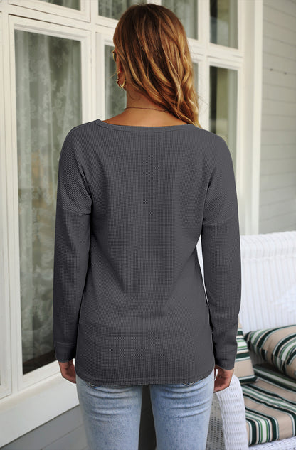 AUSELILY Women's Waffle Knit Henley Tunic Top - Long Sleeve V Neck Button Pullover