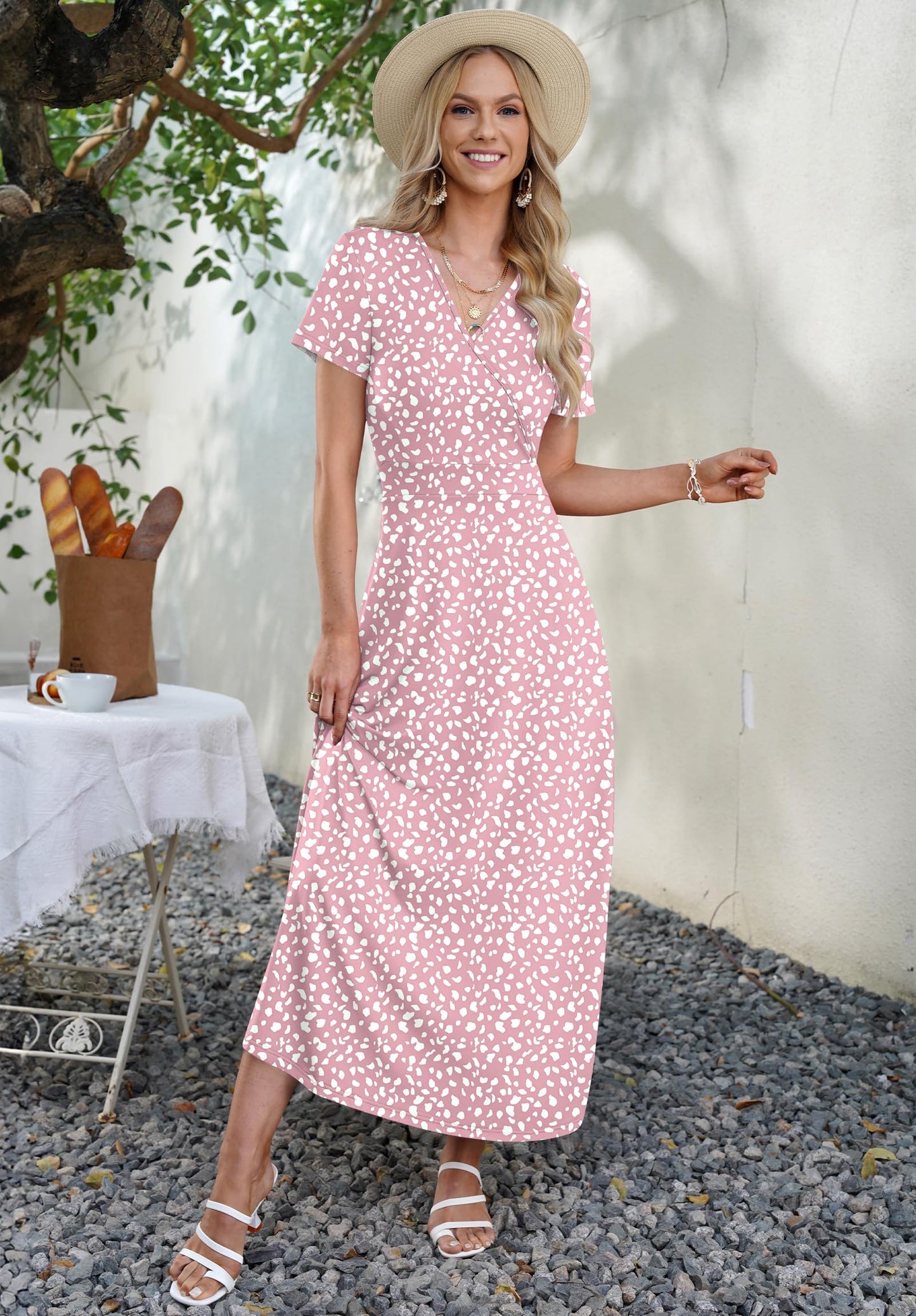 AUSELILY Maxi Dresses for Women Ankle Length Floral Print Beach Long Flowy Dress with Pockets