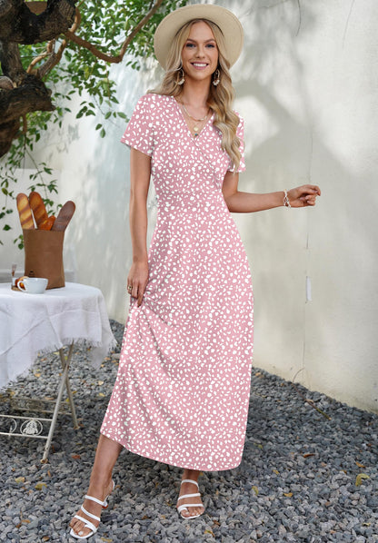AUSELILY Maxi Dresses for Women Ankle Length Floral Print Beach Long Flowy Dress with Pockets