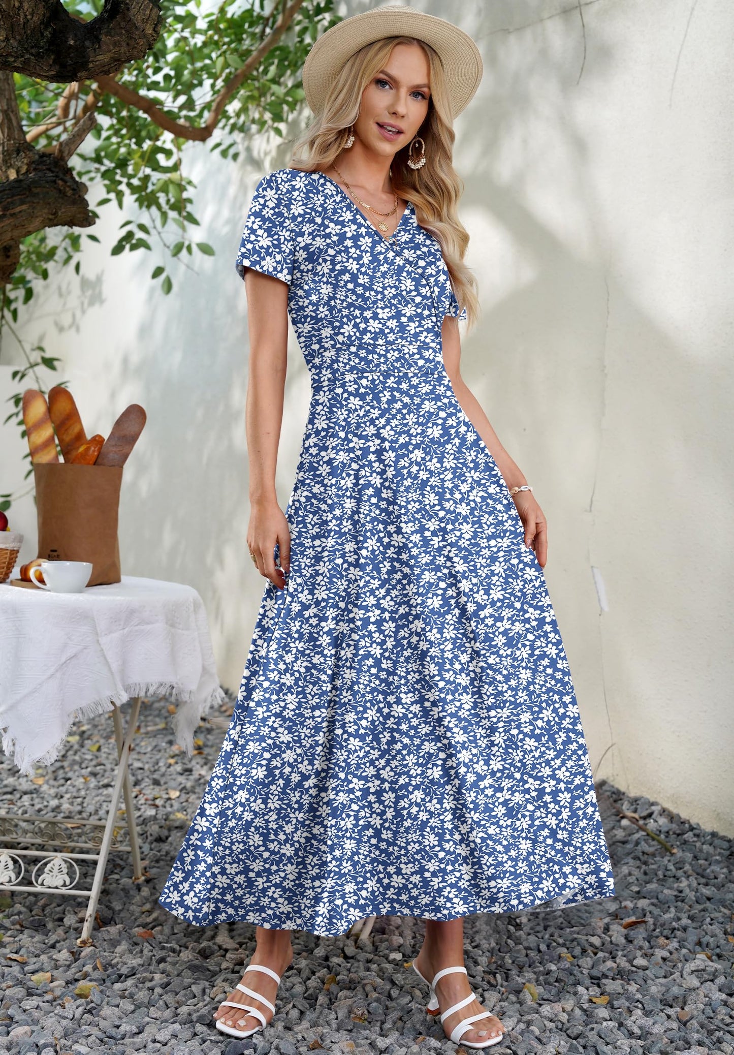 AUSELILY Maxi Dresses for Women Ankle Length Floral Print Beach Long Flowy Dress with Pockets