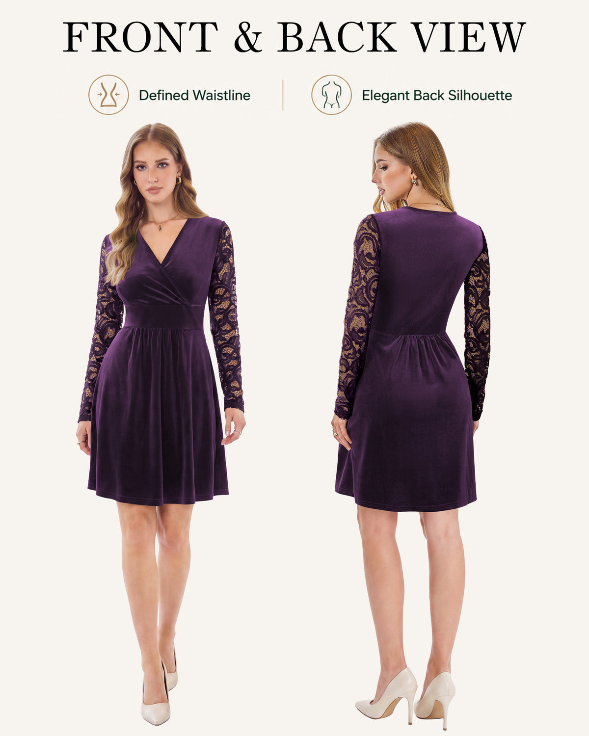 Back view of an AUSELILY dark purple velvet dress with long lace sleeves