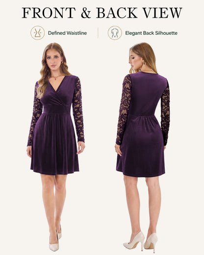 Back view of an AUSELILY dark purple velvet dress with long lace sleeves
